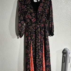 Anthropologie Laia Black and Orange Floral Long Sleeve Dress